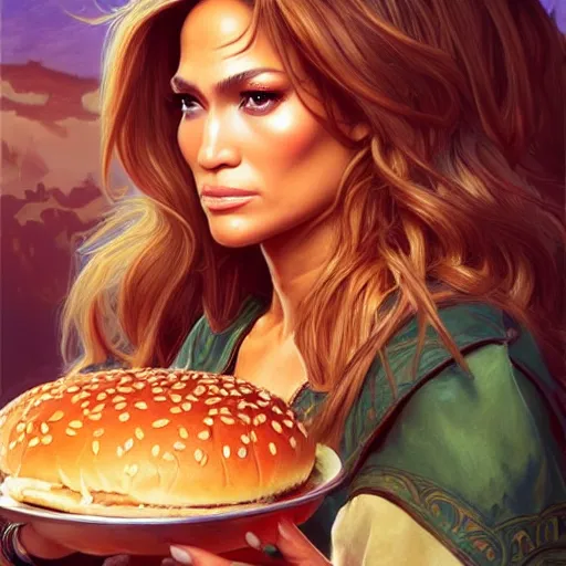 Image similar to Jennifer Lopez Eating Big Macs, dripping BBQ Sauce, serving burgers, D&D, fantasy, intricate, elegant, highly detailed, digital painting, artstation, concept art, matte, sharp focus, illustration, hearthstone, art by Artgerm and Greg Rutkowski and Alphonse Mucha