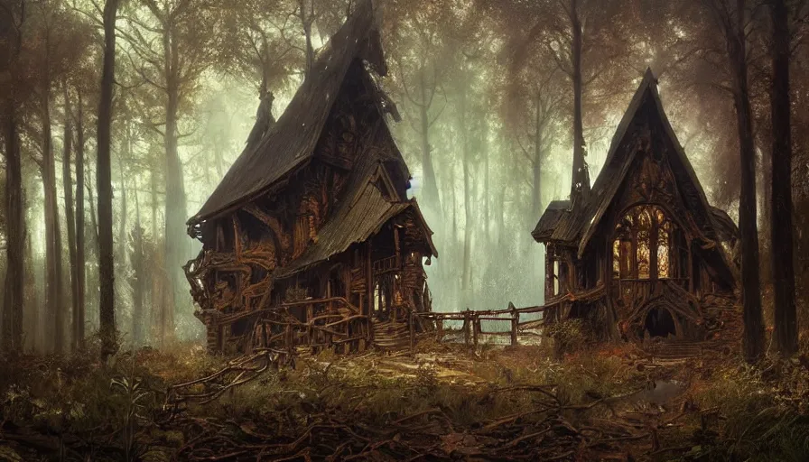 Image similar to a beautiful intricate painting of a abandoned log church in dark evil fantasy forest, reflections, very high details by william turner art, greg rutkowski and alphonse mucha, trending on artstation, very very detailed, masterpiece,