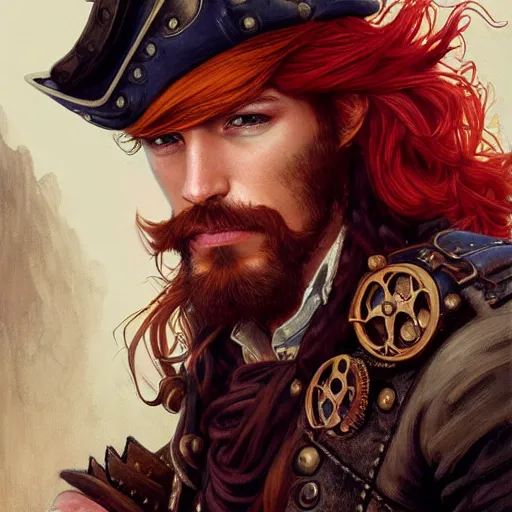 Image similar to portrait of a young rugged steampunk pirate, male, handsome, masculine, full body, red hair, long hair, soft hair, d & d, fantasy, intricate, elegant, highly detailed, steampunk, airship, digital painting, artstation, concept art, matte, sharp focus, illustration, art by artgerm and greg rutkowski and alphonse mucha