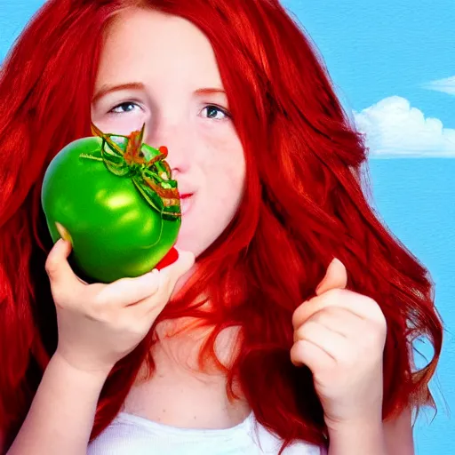 Prompt: cute girl with red head and freckles eats giant tomato which is bigger than her. digital art