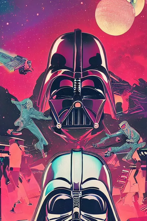 Prompt: the most amazing dream of darth vader science fiction dj disco astronauts at a rave, syd mead, dan mumford, moebius, hd, vibrant color, high contrast, digital illustration, marvel comicbook cover