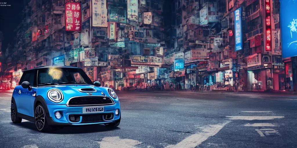 Prompt: Mini Cooper S with blood vinyl in the middle of a road on the night Hong Kong china town, blue color grading, cinematic color grading , unreal 5, hyperrealistic, realistic, photorealistic, dynamic lighting, highly detailed, cinematic landscape, studio landscape, studio lighting