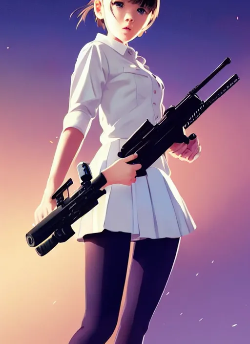 Image similar to movie, full body, cute, female, a pretty alluring girl wearing a school uniform and holding a sniper rifle, symmetry face, photoreal, realistic shaded lighting poster by ilya kuvshinov, katsuhiro otomo, kidmo!!!, trending on artstation, magali villeneuve, artgerm, jeremy lipkin and michael garmash