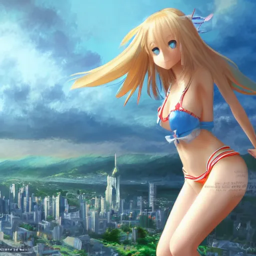Prompt: bird perspective : a giant macro very beautiful young yuuki asuna, full body, long wavy blond hair, sky blue eyes, full round face,, bikini, miniskirt, stepping on a miniature city, cinematic wallpaper by stanley artgerm lau