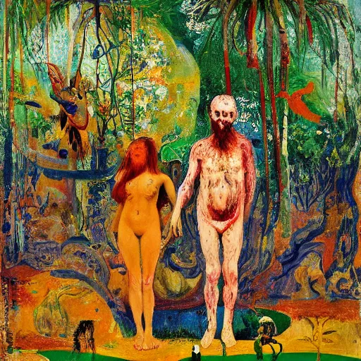 Prompt: a couple in the garden of eden, scared, painted by Asger Jorn, 8k, Peter Doig, abstract oil paint with thick brushstrokes of paint, ultra detailed, realistic, small spot of thick melting paint drips all over