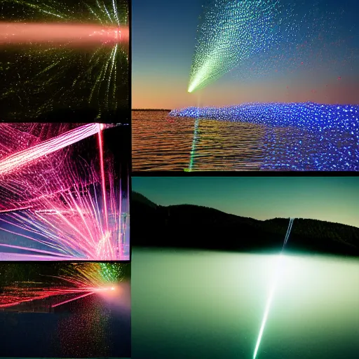 Image similar to collage, lasers and smoke over a lake in the nightime