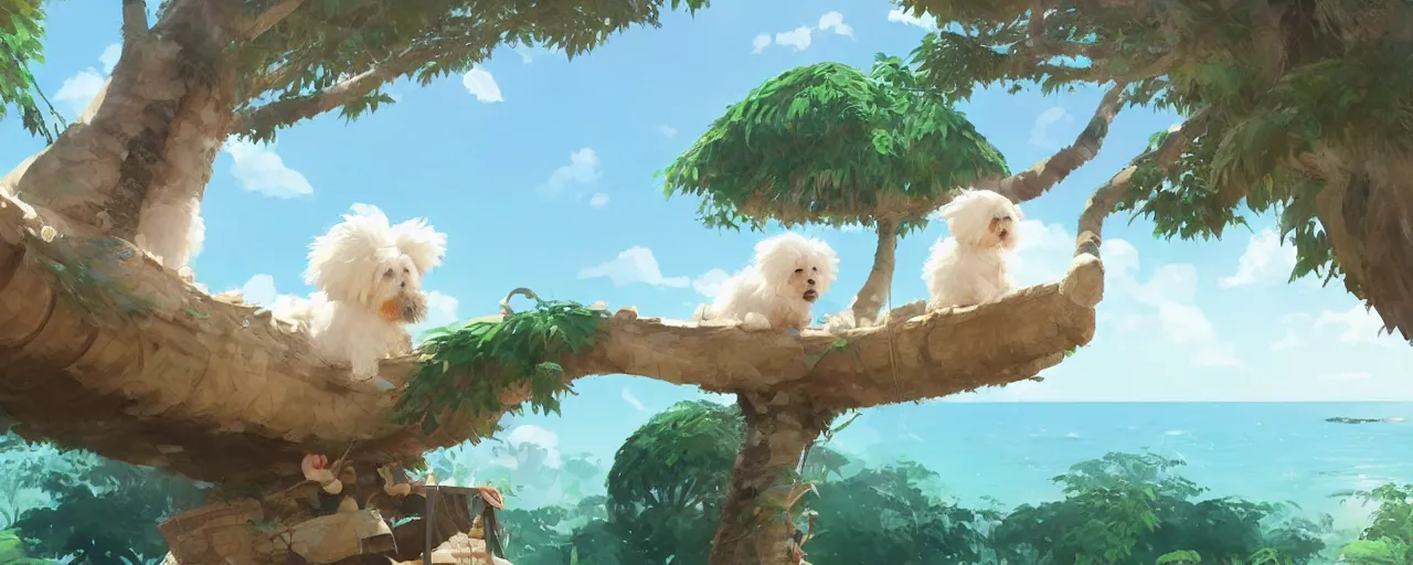 Image similar to a cream - colored havanese dog building a giant tree house next to a tropical beach, atey ghailan, goro fujita, studio ghibli, rim light, exquisite lighting, clear focus, very coherent,