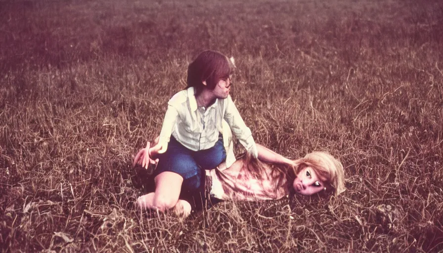 Image similar to 7 0 s film still from a horror movie about a young adult with no teeth in a field, kodachrome, cinecolor, cinestill, film grain, film texture, retro, cinematic, high resolution, photorealism,