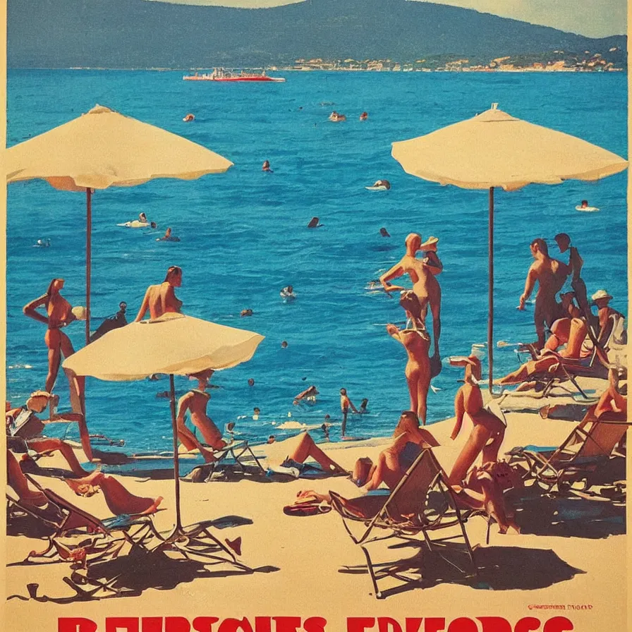 Image similar to “a vintage French tourism poster of robots sunbathing on a beach next to the ocean in st Tropez ”