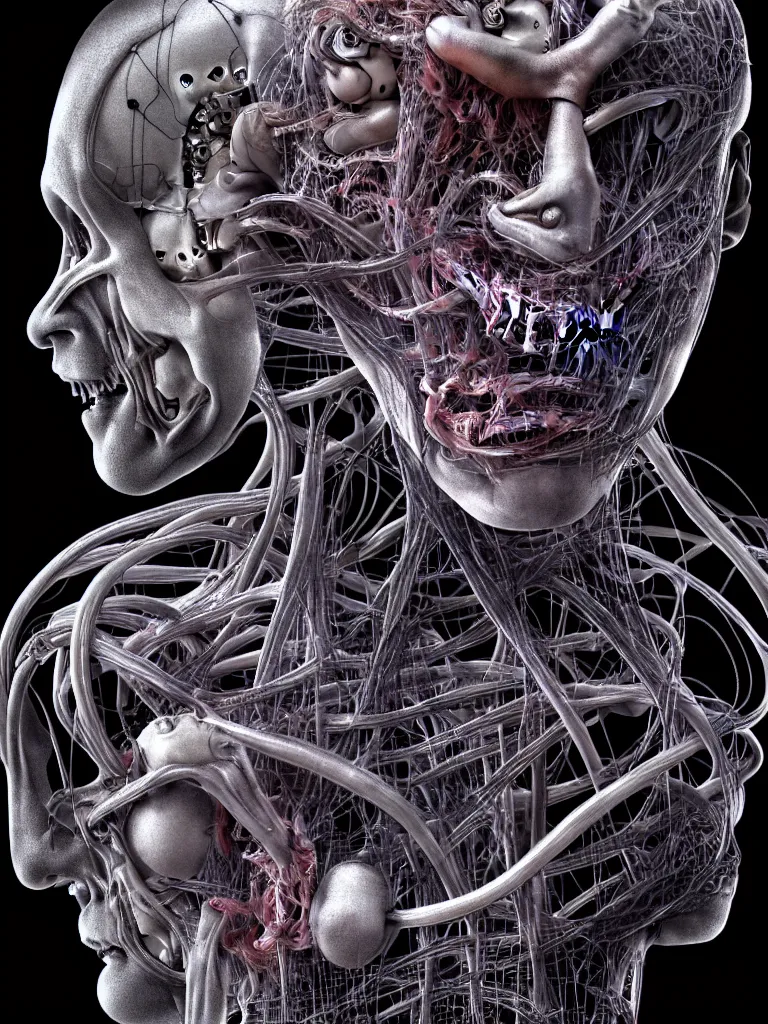 Image similar to portrait of neural nightmares by yoshitaka amano and HR Giger, detailed face face face face, facial structure, hd, 8k, very very very very electronic, biomechanical, biology, bio, neural machine, single subject, terror