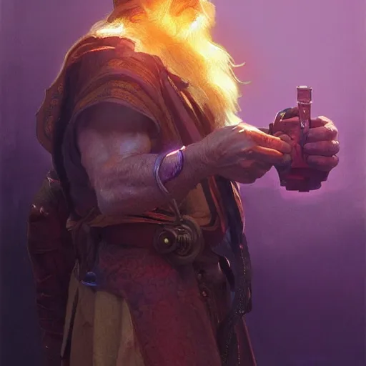 Image similar to an old male warrior with a VR headset, golden light, purple water, highly detailed, digital painting, artstation, concept art, smooth, sharp focus, illustration, art by artgerm and greg rutkowski and alphonse mucha