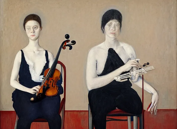 Image similar to portrait of two young nervous violin players sitting on chairs getting ready to perform, half figure front, vincent lefevre and pat steir and hilma af klint, psychological, photorealistic, symmetrical faces, intriguing eyes, dripping paint, washy brush, rendered in octane, altermodern, masterpiece