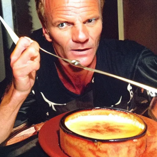 Image similar to sting the singer eating a banana creme brule ( dont ask )