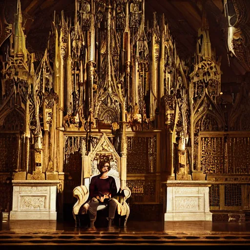 Prompt: man in large throne room of grand cathedral, sitting alone with sword, shadows, fantasy, wallpaper