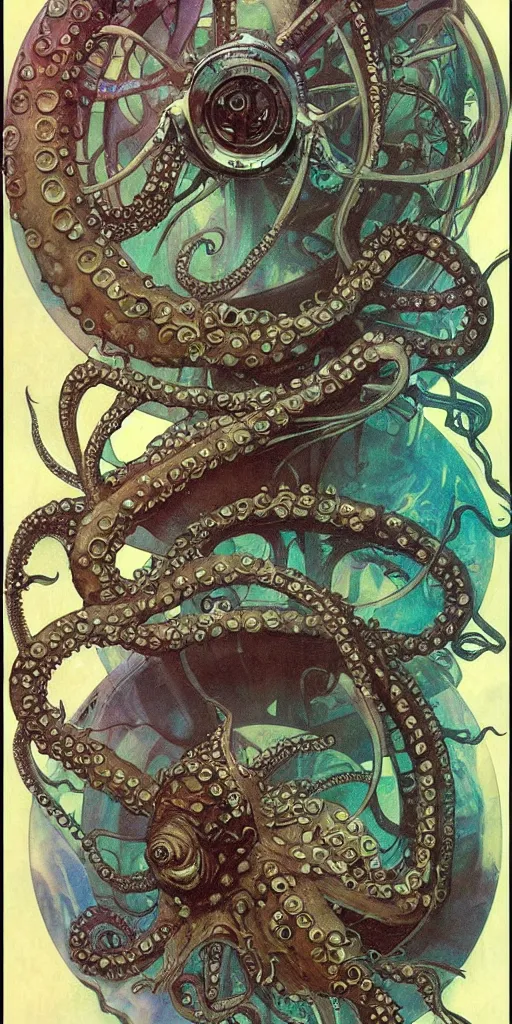 Image similar to fantasy fish, octopus, squid, in futuristic aquarium, cyberpunk, concept art, schematics, gnarly details painted by norman rockwell, mucha, gurney