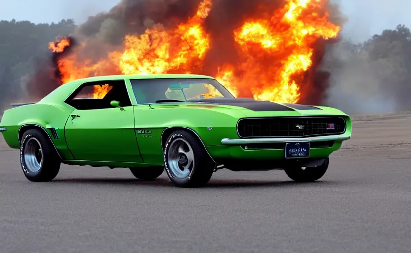 Image similar to a green 1 9 6 9 chevrolet camaro zl driving i high speed, fire explosion in the background