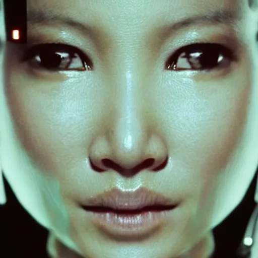 Prompt: photo of young Lucy Liu, close up, with a cyberpunk bionic right eye with led lights, robotic implants over face with small led lights, white background, fine art photography in the style of Bill Henson