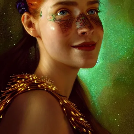 Image similar to a totally amazed smiling pretty woman surrounded by golden firefly lights in a mesmerizing scene, fully covering intricate detailed bohemian outfit, long loose red hair, precise linework, accurate green eyes, small nose with freckles, beautiful smooth oval head, expressive emotions, hyper realistic ultrafine portrait by artemisia gentileschi, jessica rossier, greg rutkowski, artgerm