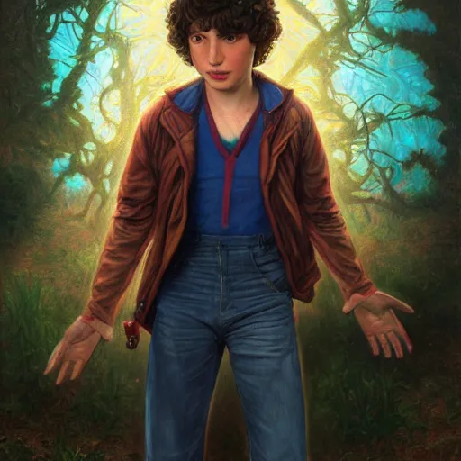 Image similar to A fantasy comic book style portrait painting of Finn Wolfhard, Stranger Things universe, real, refined, detailed digital art, Josephine wall, oil painting, William-Adolphe Bouguereau, Art Frahm, Esao Andrews, Steampunk, Walt Disney (1937) ), Highly Detailed, Cinematic Lighting, Unreal Engine, 8k, HD