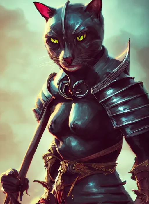 Image similar to An epic fantasy comic book style portrait painting of a cat knight, unreal 5, DAZ, hyperrealistic, octane render, cosplay, RPG portrait, dynamic lighting