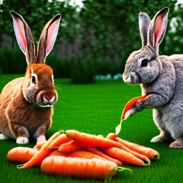 Prompt: photograph of giant rabbits eating people carrots in the garden full cinematic scene, 4 k realistic photorender