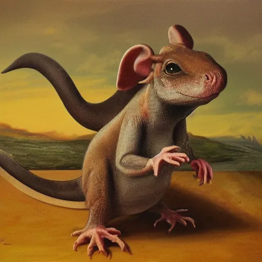 Prompt: dinosaur mouse, epic pose, old painting