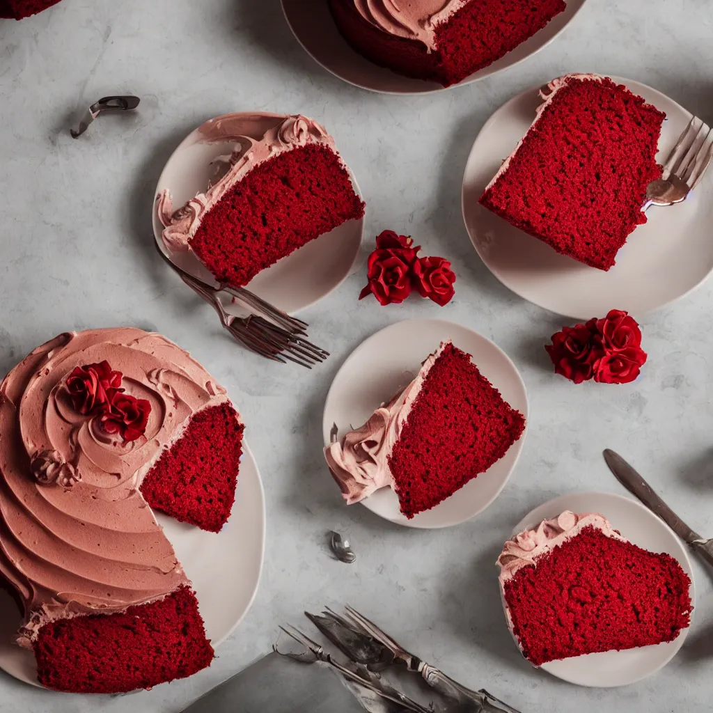 Image similar to close-up photo of a red colored cake on top of a table, 8k, high detail, photorealistic, proper shading