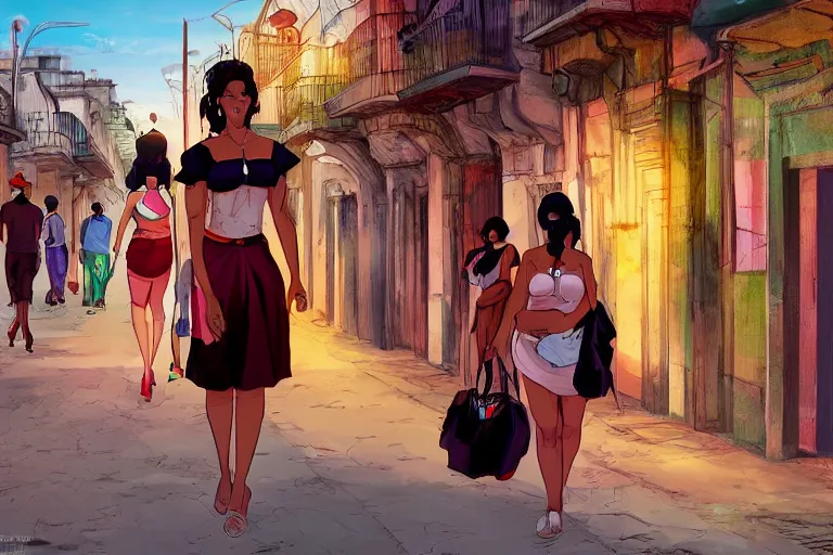 Image similar to concept art, cuban women in havana, digital anime art, good lighting,