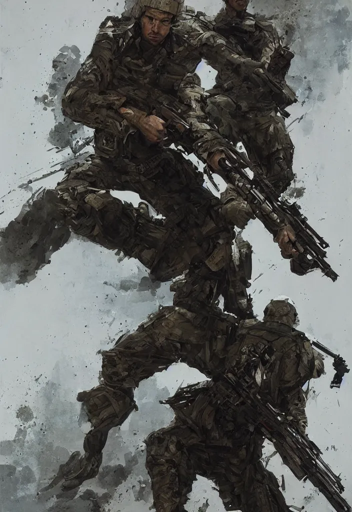 Prompt: A Private Military Operative holding combat knife in combat stance, by Greg Rutkowski, hyper detailed modern European ink painting, a masterpiece, inspired by Metal Gear, by Johnson Ting, Steven Blomkamp, Daniel Hahn