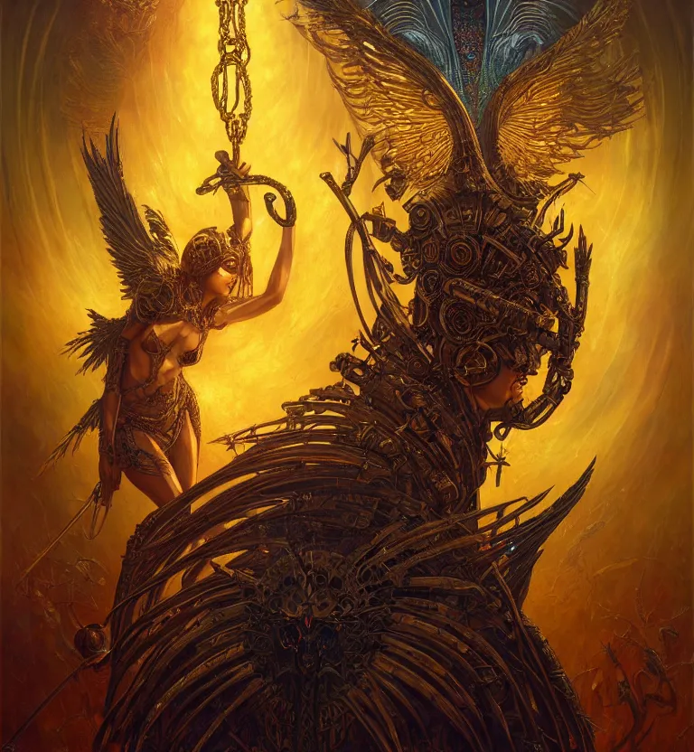 Image similar to a beautiful tarot card artwork of a cyberpunk dark fallen seraphim, backlit, horror, gloomy, highly detailed, golden hour, digital painting, by karol bak and justin gerard and dan mumford and artgerm, vivid colors, masterpiece, detailed shading, 8 k resolution, intricate, smooth