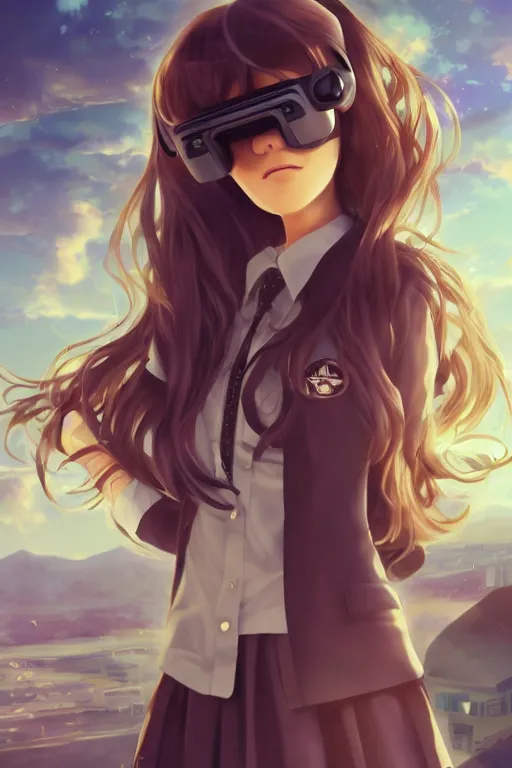 Prompt: anime girl with curly long hair wearing vr goggles and school uniform, aesthetic, wlop, digital painting, trending on artstation, highly detailed, epic composition, official media, 8 k uhd