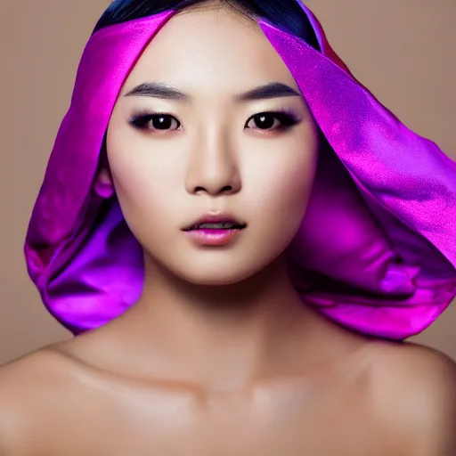 Image similar to close up portrait photography of beautiful asian female model wearing balaclava and golden neckkace, purple and blue futuristic light