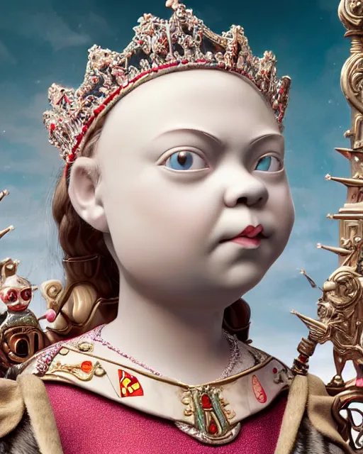 Prompt: highly detailed closeup, face profile portrait of a tin toy greta thunberg as queen victoria wearing a crown and sitting on a throne, bikini, depth of field, nicoletta ceccoli, mark ryden, lostfish, max fleischer, breathtaking, detailed and intricate environment, 8 k resolution, hyperrealistic, octane render
