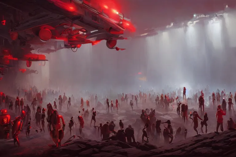 Image similar to a painting of an eager crowd of robots and people running into oblivion by Jasper Ejsing, James Jean, epic scene, dramatic light, red color-scheme, hd, octane8