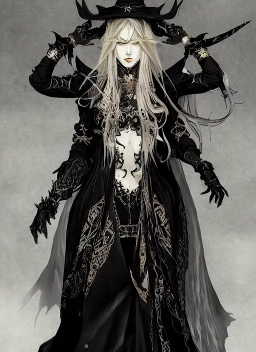 Image similar to beautiful human witch with blonde long straight hair in intricate ornate witch robe, haughty evil look, witch hat. in style of yoji shinkawa and hyung - tae kim, trending on artstation, dark fantasy, great composition, concept art, highly detailed, dynamic pose.