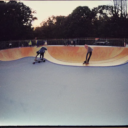 Prompt: a 1 9 9 0's photograph of a skatepark in a small town at dusk, polaroid, candid photography