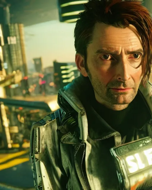 Image similar to David Tennant in the role of Johnny Silverhand from Cyberpunk 2077, amazing short, 8K, IMAX, ultra detailed