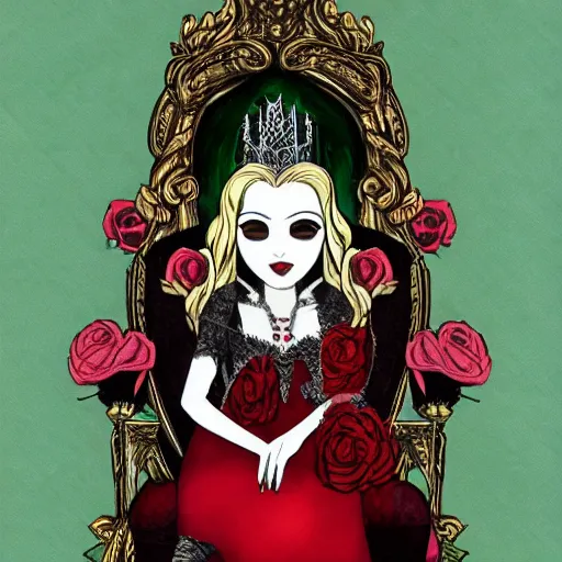 Prompt: vampire queen on treasure throne with roses and holes and gemstones