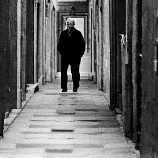 Prompt: Ingmar Bergman walking in Bologna