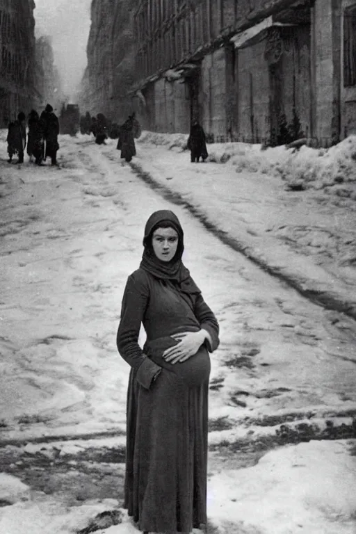 Image similar to full-length portrait of a pregnant woman on the street of besieged Leningrad, historically reliable photo chronicle, winter 1941, ultra detailed digital art, octane render, 4K, dystopian, by john william waterhouse and Edwin Longsden Long and Theodore Ralli and Nasreddine Dinet