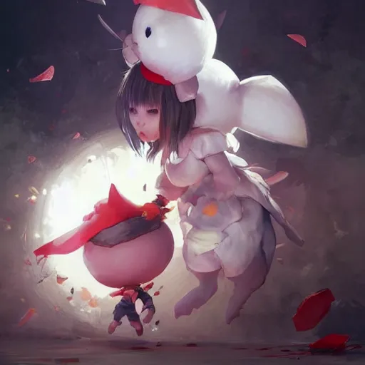 Image similar to moogle mayhem, kupo kupo kupo!! art by wlop and artgerm and greg rutkowski, masterpiece