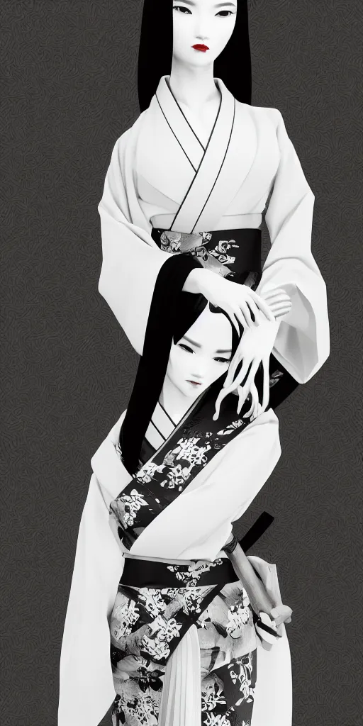 Prompt: character design, black and white kimono, samurai, dark long hair, princess cut hairstyle ， beautiful, elegant, symmetrical face, long legs, regular feet, big katana, full body, wisteria trees, realistic, uhd, unreal engine, detailed