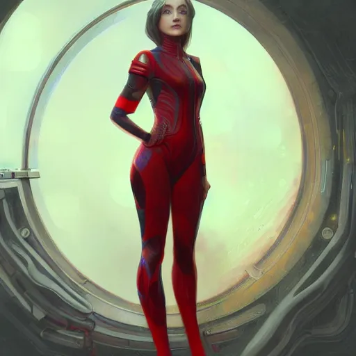 Prompt: a female wearing a red mechanics jumpsuit, intricate, elegant, highly detailed, digital painting, artstation, concept art, smooth, sharp focus, illustration, art by artgerm and greg rutkowski and alphonse mucha, 8 k