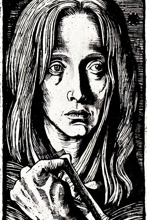 Image similar to dana scully of the apocalypse, pen and ink illustration / renaissance woodcut by albrecht durer 1 4 9 6, 1 2 0 0 dpi scan, ultrasharp detail, hq scan, intricate details, stylized border