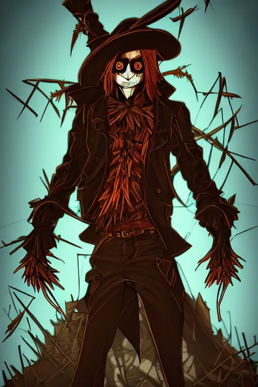 Image similar to villainous scarecrow, symmetrical, highly detailed, digital art, sharp focus, trending on art station, anime art style