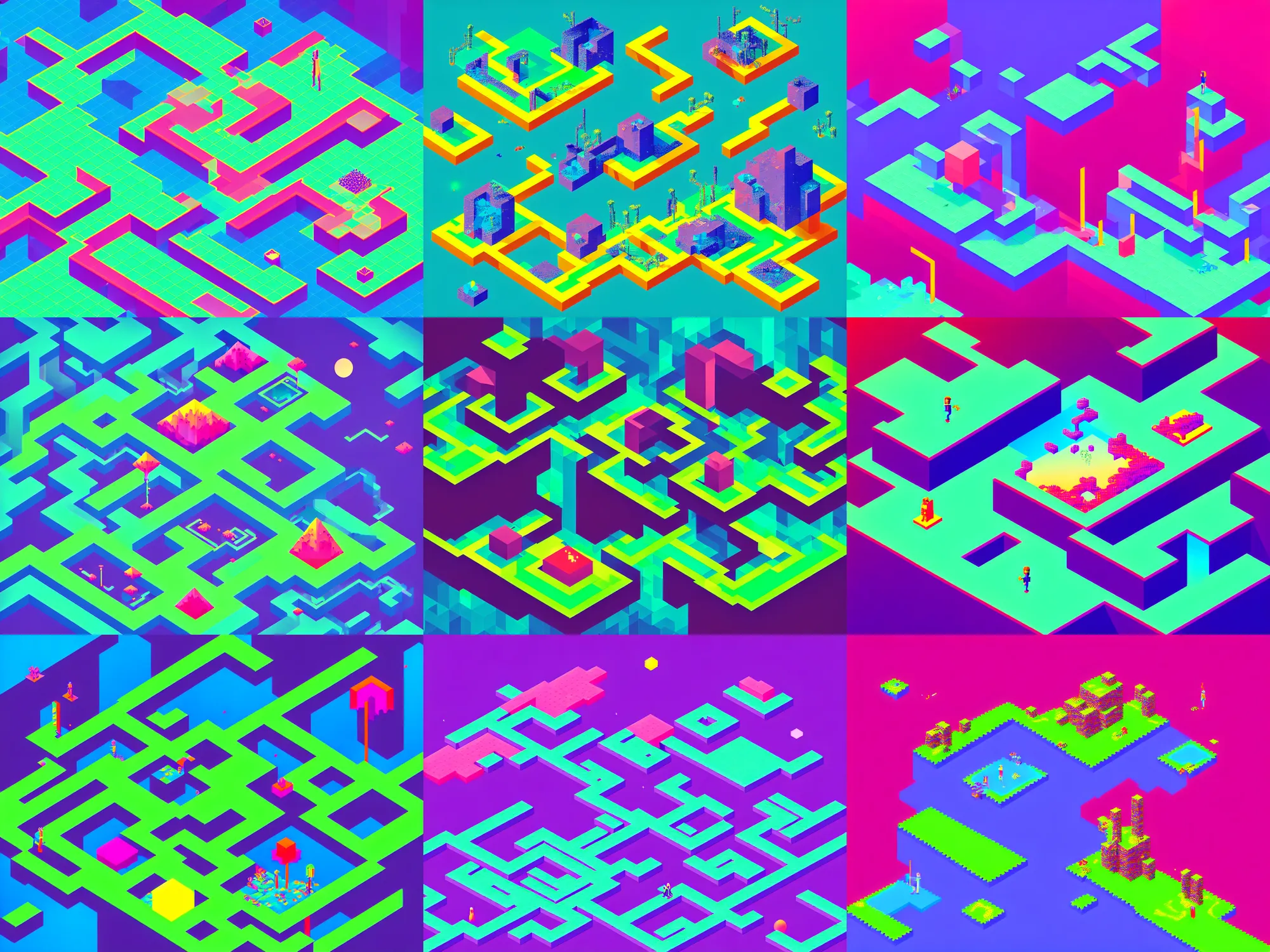 Prompt: the introvert paradise, neon geometric inks painting, polygonal joy and loneliness in levitating landscapes, sci - fi, fantasy, detailed 3 2 - bit pixel - art, isometric meandering