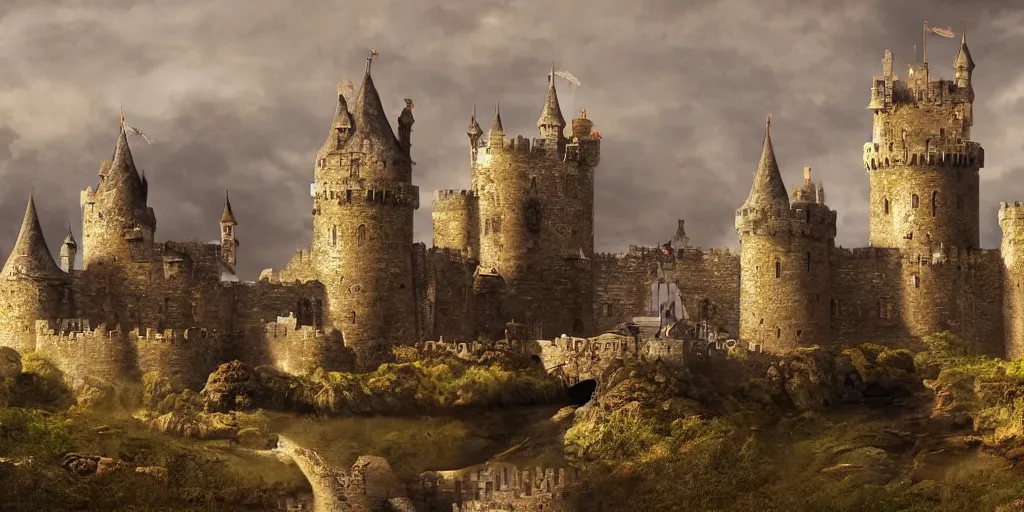 Image similar to matte painting, castle, dramatic landscape