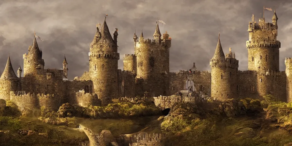 Prompt: matte painting, castle, dramatic landscape