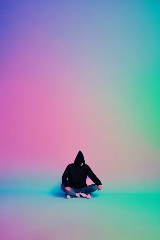 Prompt: high quality pastel coloured film photograph of a man wearing a black hoodie resting on cloud furniture clouds in a haze filled dreamstate world. three point light, rainbow. photographic production. art directed. pastel colours. volumetric clouds. pastel gradient overlay. waves glitch artefacts. 8 k. filmic.