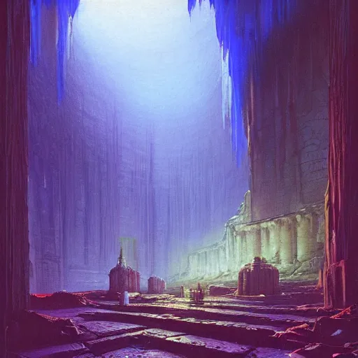 Prompt: a beautiful painting of a dimly lit dark cavernous temple with blue and purple sources of light by bruce pennington, trending on artstation